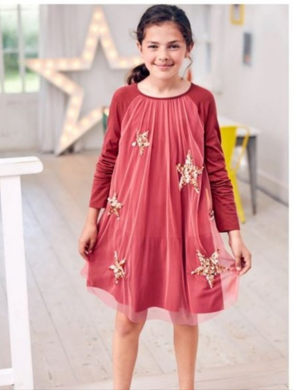 Mini Boden Red Overlay Sparkle Star Dress Size 4-5 Years